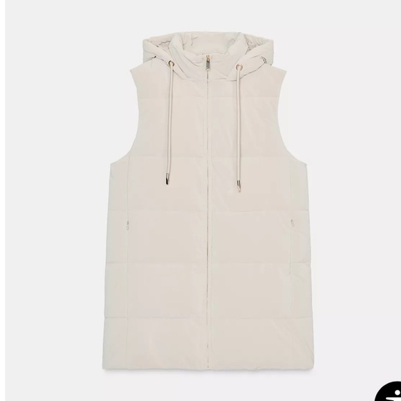 ZARA LONG PADDED HOODED PUFFER DOWN WINTER ZIP FLEECE LINING VEST GILET - Picture 8 of 9